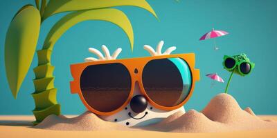 Summer character wearing sunglasses on a tropical beach background. photo