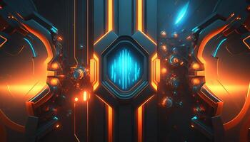 Rendering abstract futuristic background with glowing neon blue and orange lights. photo