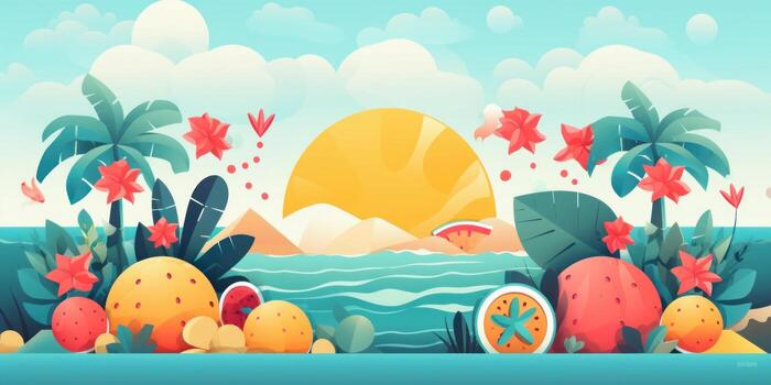 Colorful Summer time background with tropical fruits. photo