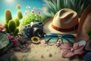 Summer time background with travelling elements. Created photo