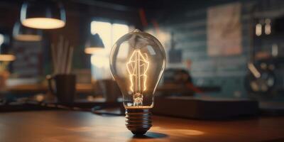 Business ideas concept with glowing light bulb in workplace. photo