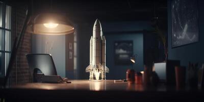 Business start up concept with rocket launching in workplace. photo