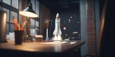 Business start up concept with rocket launching in workplace. photo