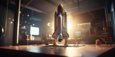 Business start up concept with rocket launching in workplace. photo