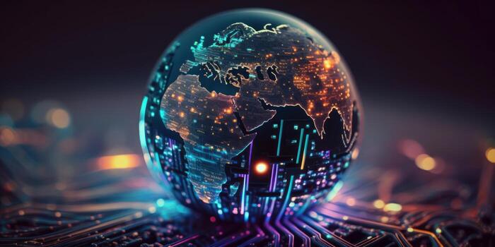 Futuristic cyber earth background, Digital world and Global network connection. photo