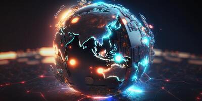 Futuristic cyber earth background, Digital world and Global network connection. photo