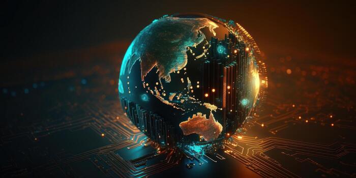 Futuristic cyber earth background, Digital world and Global network connection. photo