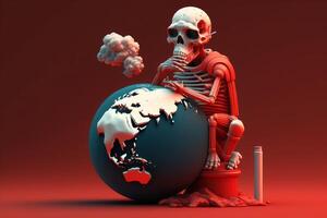 World no tobacco day on red background, No smoking concept with skeleton. photo