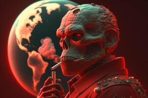 World no tobacco day on red background, No smoking concept with skeleton. photo