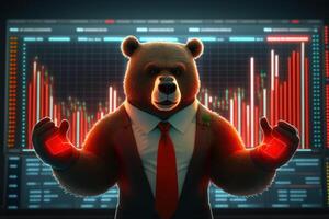 Bear bearish divergence in stock market and Crypto currency with red graph background. Created photo