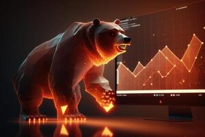 Fire sculpture of bear in front of computer screen, Bearish divergence in Stock market and Crypto currency. Created photo