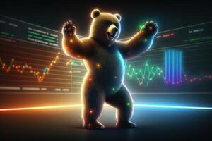 Bear dancing and celebrating with colorful graph background, Bearish in Stock market and Crypto currency. Created photo