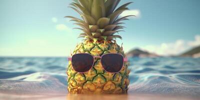 Pienapple with sunglasses on tropical sea summer background. photo