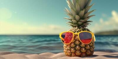 Pienapple with sunglasses on tropical sea summer background. photo