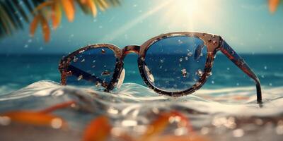 Sunglasses on a tropical beach and sea, Summer festive background. photo