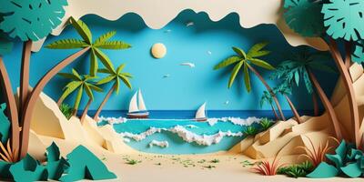 Colorful Summer time background with tropical sea, Paper craft style. photo