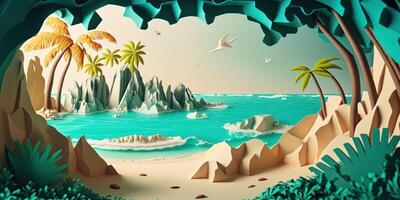 Colorful Summer time background with tropical sea, Paper craft style. photo