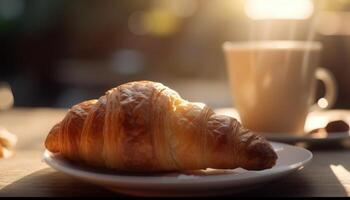 Croissant and coffee on the table. Sunny morning, street view in the background. photo
