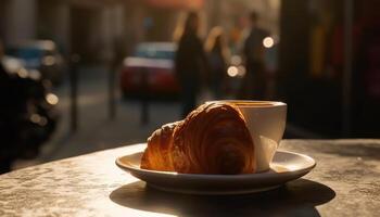 Croissant and coffee on the table. Sunny morning, street view in the background. photo