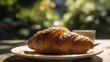 Croissant and coffee on the table. Sunny morning, street view in the background. photo