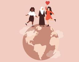 Happy women support each other with love. Three mothers from different ethnicities, religions stands together on top of the earth or planet . Concept of feminism, mother's day and Women's empowerment. vector