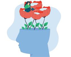 Woman watering plant inside abstract head. Support for people in learning. Flowers and plants grow from head. Concept of mind growth, psychology, education, creativity, psychotherapy and mental health vector