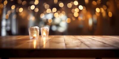 Empty wooden table with blurred bokeh background, Free space for product display. photo