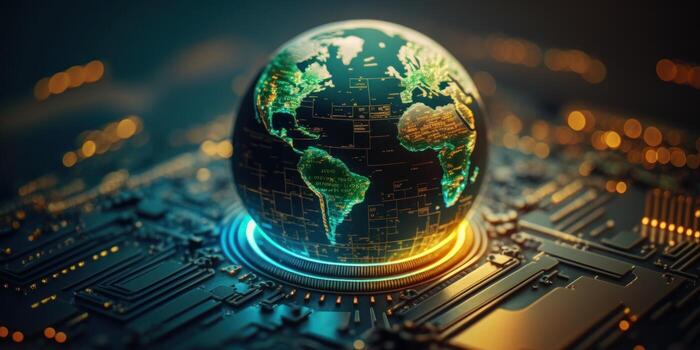 Futuristic cyber earth background, Digital world and Global network connection. photo