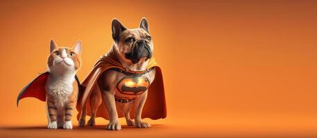 Superpet Cat and Dog as superheroes with cape background. photo