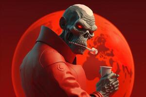 World no tobacco day on red background, No smoking concept with skeleton. photo