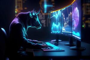 Bull trading with computer with graph on screen, Bullish in Stock market and Crypto currency. Created photo