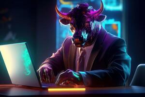 Bull trading with computer background, Bullish in Stock market and Crypto currency. Created photo