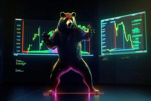 Bear dancing and celebrating with colorful graph background, Bearish in Stock market and Crypto currency. Created photo