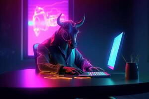 Bull trading with computer background, Bullish in Stock market and Crypto currency. Created photo