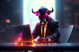 Bull trading with computer background, Bullish in Stock market and Crypto currency. Created photo