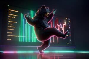 Bear dancing and celebrating with colorful graph background, Bearish in Stock market and Crypto currency. Created photo