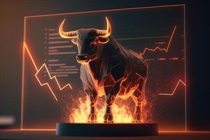 Fire sculpture of bull in front of computer screen, Bullish divergence in Stock market and Crypto currency. Created photo