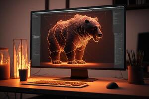 Fire sculpture of bear in front of computer screen, Bearish divergence in Stock market and Crypto currency. Created photo