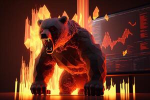 Fire sculpture of Bear, Bearish divergence in Stock market and Crypto currency. Created Generative Ai photo