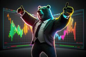 Bear dancing and celebrating with colorful graph background, Bearish in Stock market and Crypto currency. Created photo