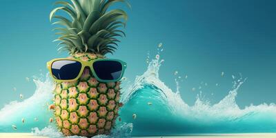 Pienapple with sunglasses on tropical sea summer background. photo
