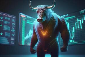 Bull wearing suit working with graph on screen, Bullish in Stock market and Crypto currency. Created photo