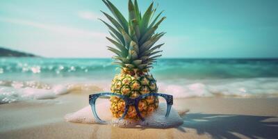 Pienapple with sunglasses on tropical sea summer background. photo