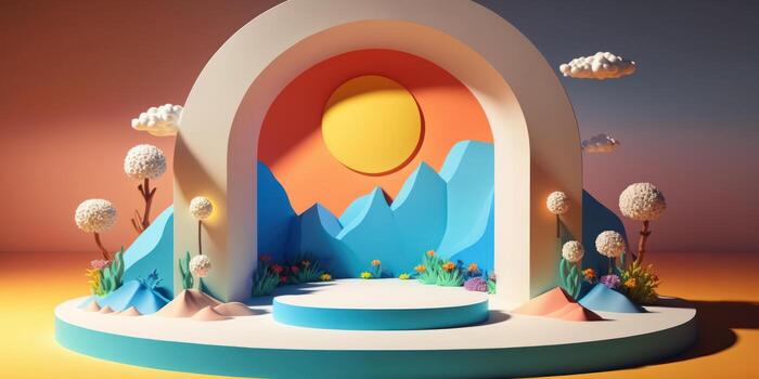 Empty podium or pedestal stage for product display, Summer background. photo