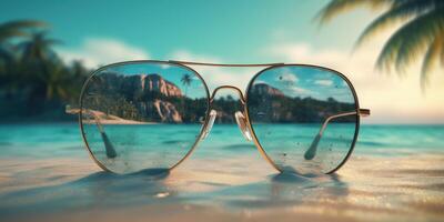Sunglasses on a tropical beach and sea, Summer festive background. photo