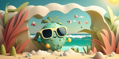 Summer character wearing sunglasses on a tropical beach background. photo