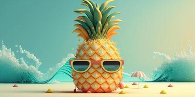 Pienapple with sunglasses on tropical sea summer background. photo