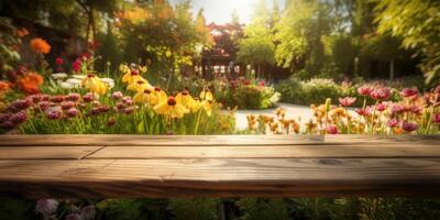 Empty wooden table in flowers garden blurred background, Free space for product display. photo