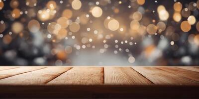 Empty wooden table with blurred bokeh background, Free space for product display. photo