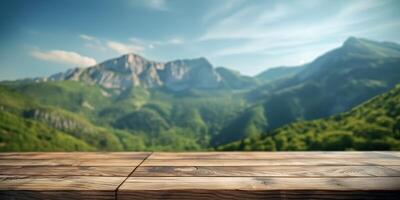 vacío de madera mesa con verde montaña fondo, gratis espacio para producto mostrar. generativo ai foto